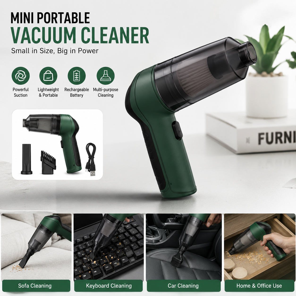Mini Portable Vacuum Cleaner – Compact & Powerful Cordless Dust Cleaner